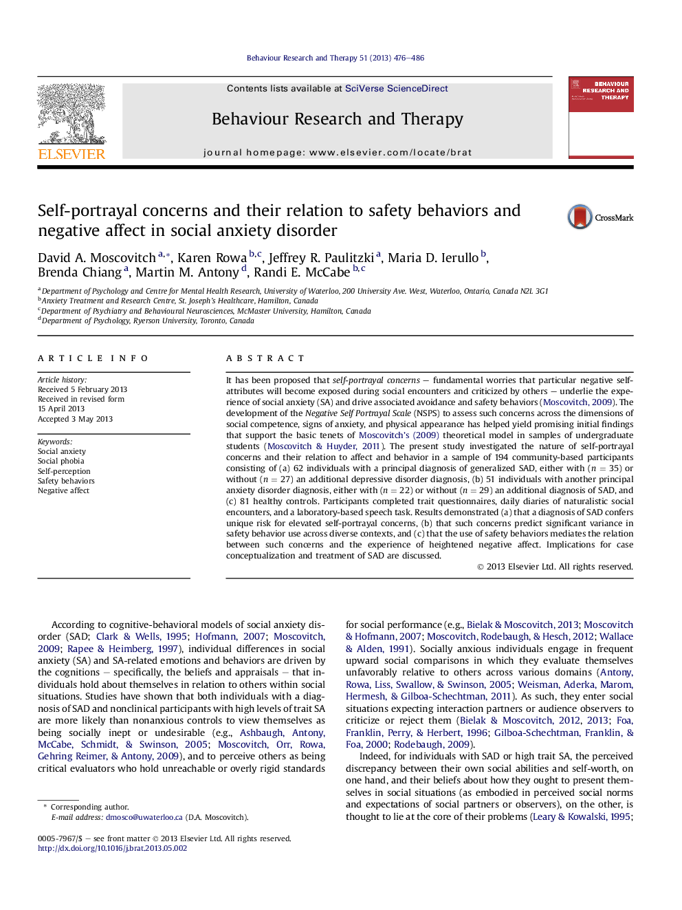 Self-portrayal concerns and their relation to safety behaviors and negative affect in social anxiety disorder