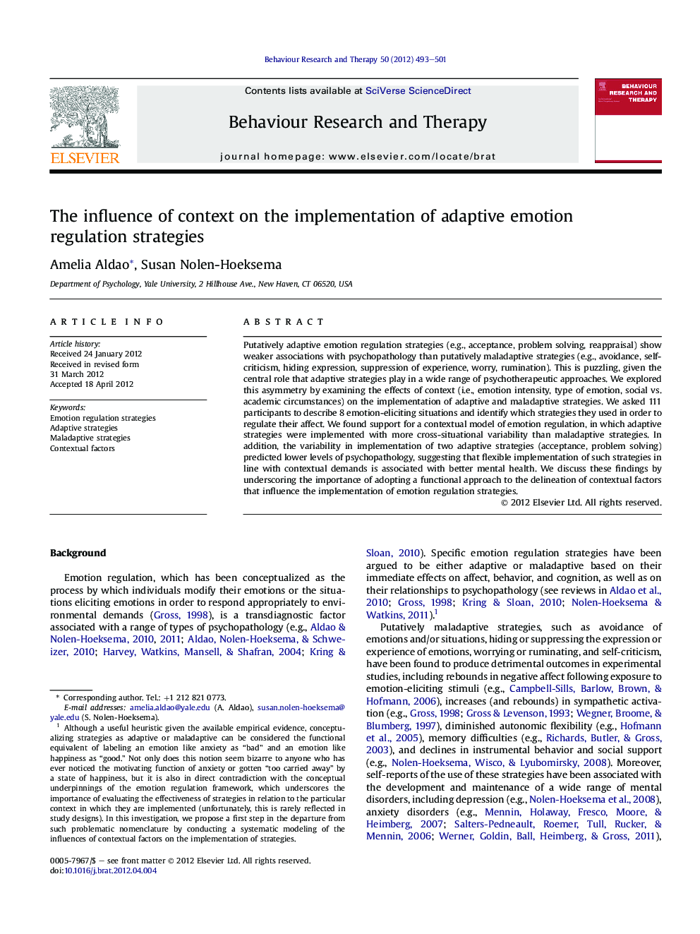 The influence of context on the implementation of adaptive emotion regulation strategies