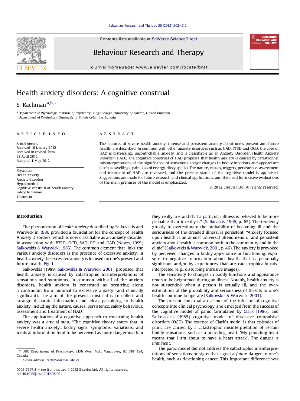 Health anxiety disorders: A cognitive construal