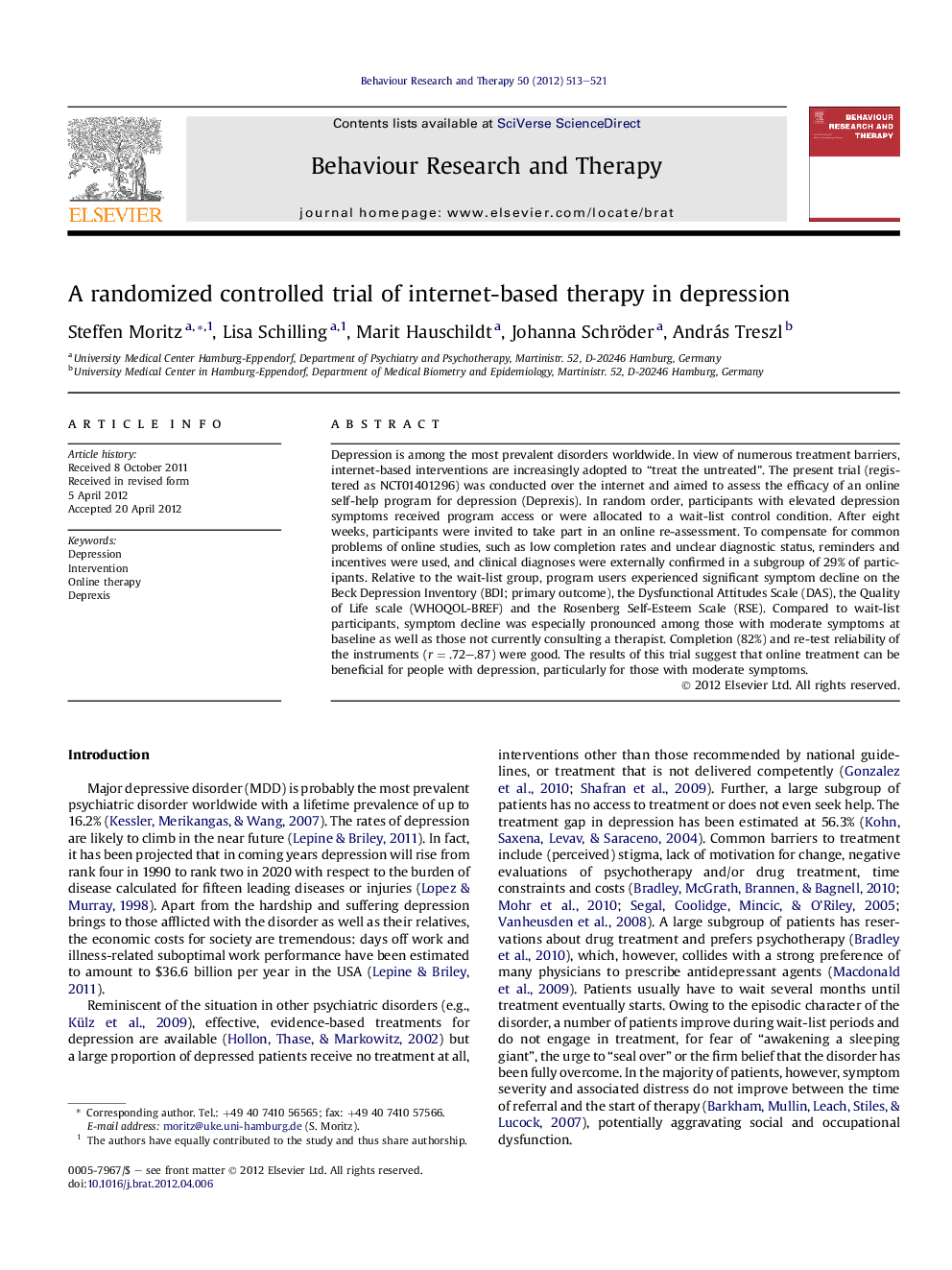 A randomized controlled trial of internet-based therapy in depression