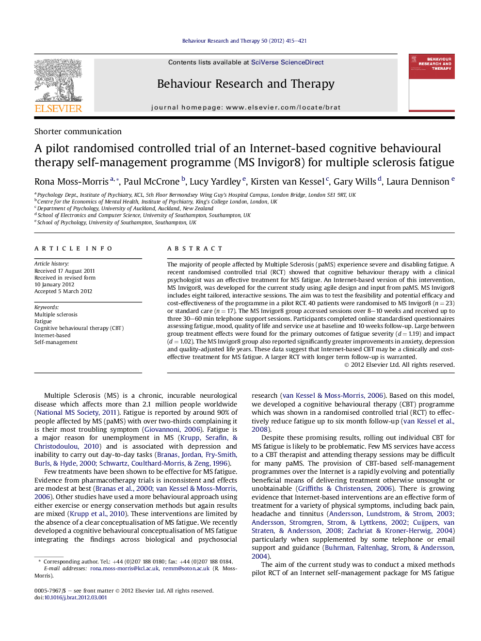 A pilot randomised controlled trial of an Internet-based cognitive behavioural therapy self-management programme (MS Invigor8) for multiple sclerosis fatigue