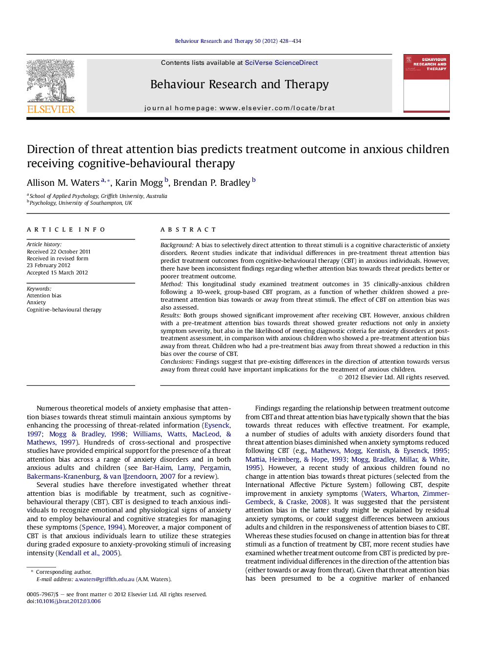 Direction of threat attention bias predicts treatment outcome in anxious children receiving cognitive-behavioural therapy