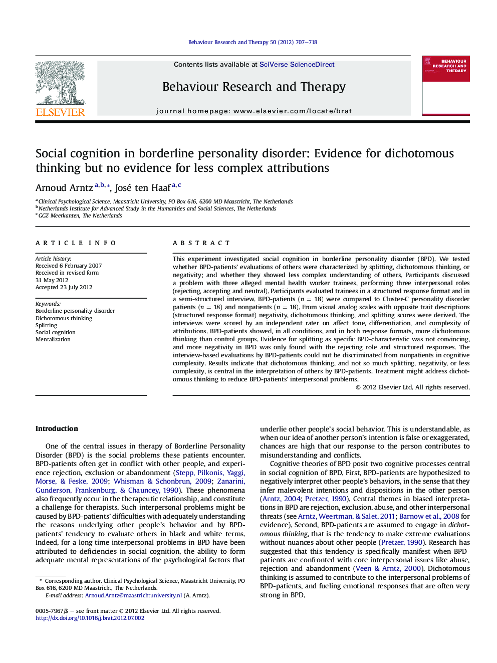 Social cognition in borderline personality disorder: Evidence for dichotomous thinking but no evidence for less complex attributions