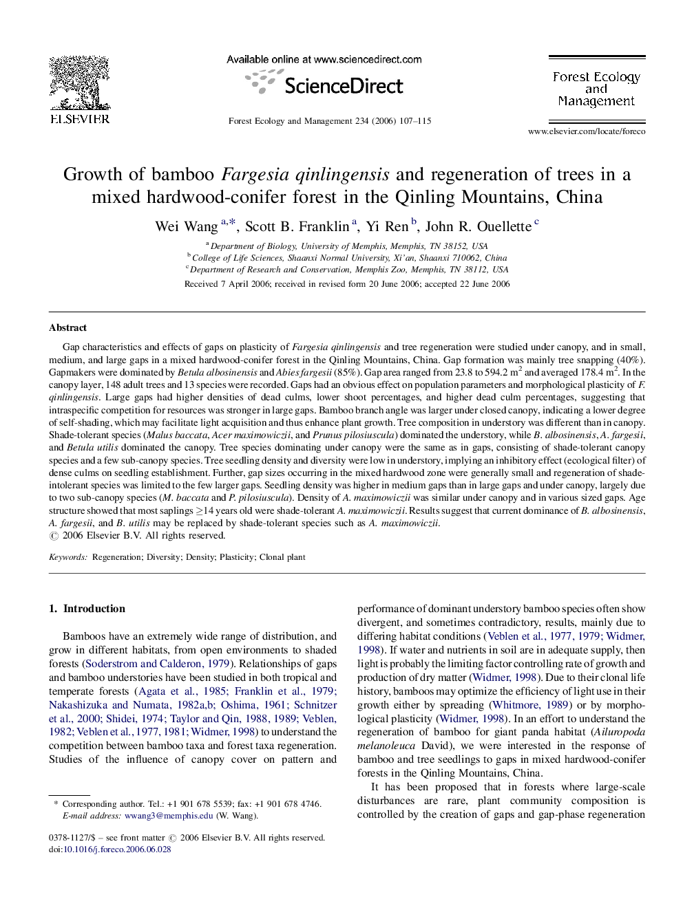 Growth of bamboo Fargesia qinlingensis and regeneration of trees in a mixed hardwood-conifer forest in the Qinling Mountains, China