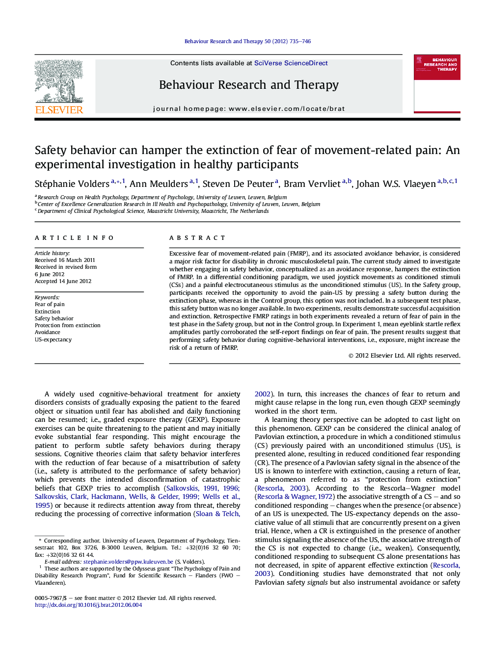 Safety behavior can hamper the extinction of fear of movement-related pain: An experimental investigation in healthy participants