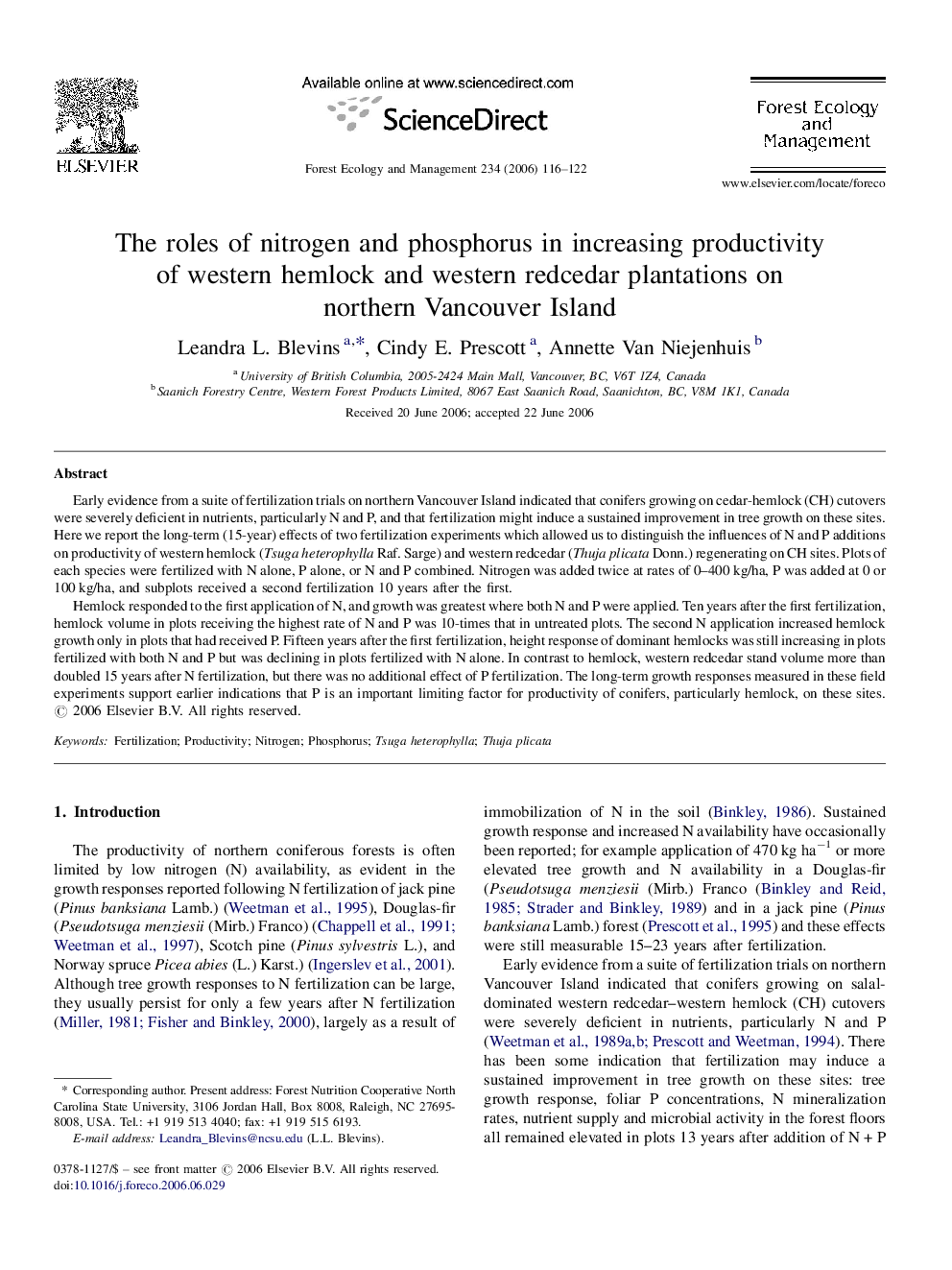 The roles of nitrogen and phosphorus in increasing productivity of western hemlock and western redcedar plantations on northern Vancouver Island