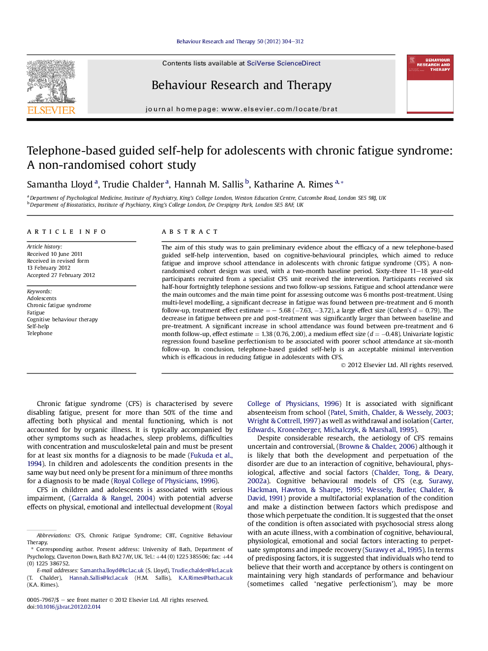 Telephone-based guided self-help for adolescents with chronic fatigue syndrome: A non-randomised cohort study