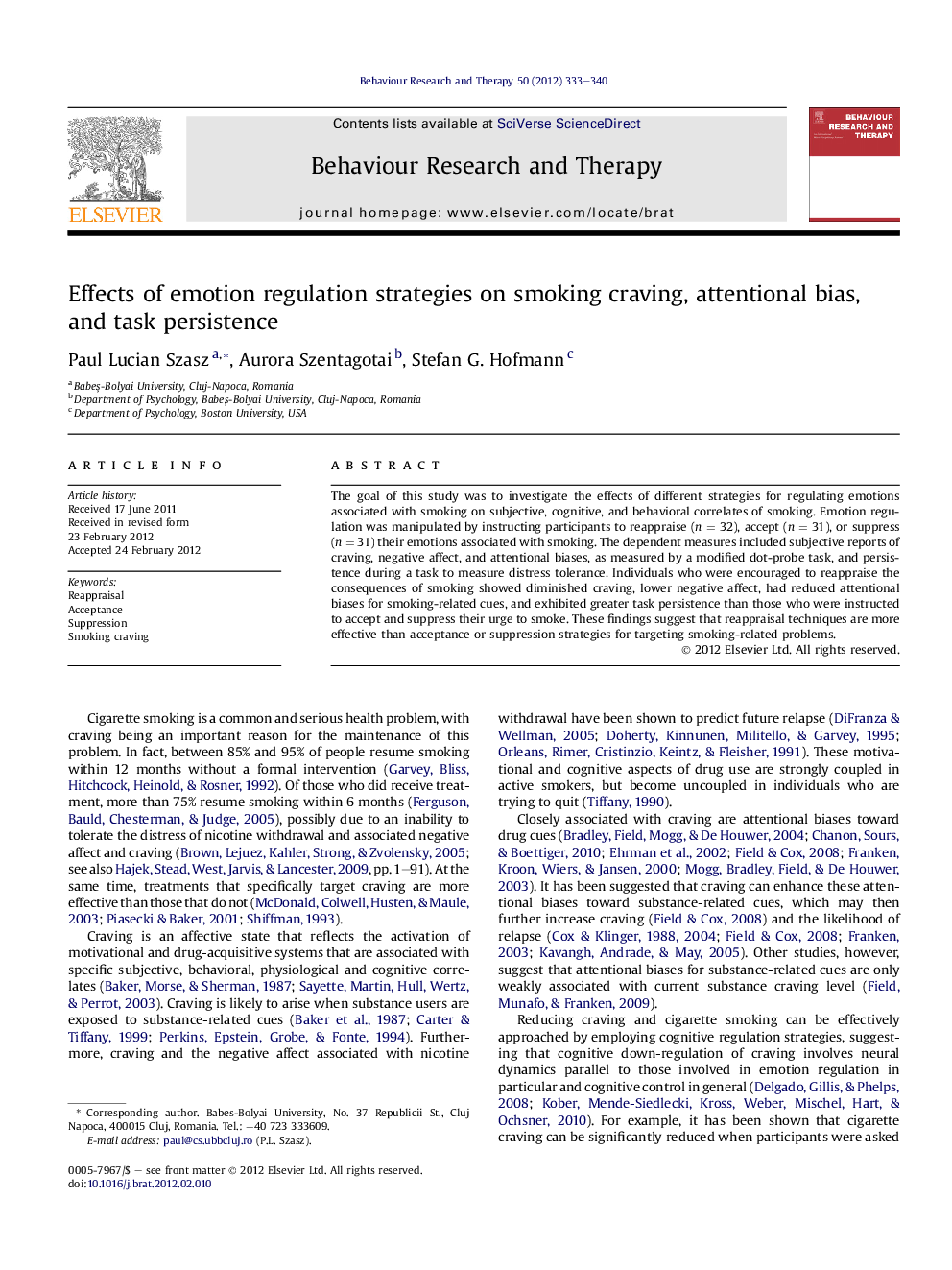 Effects of emotion regulation strategies on smoking craving, attentional bias, and task persistence