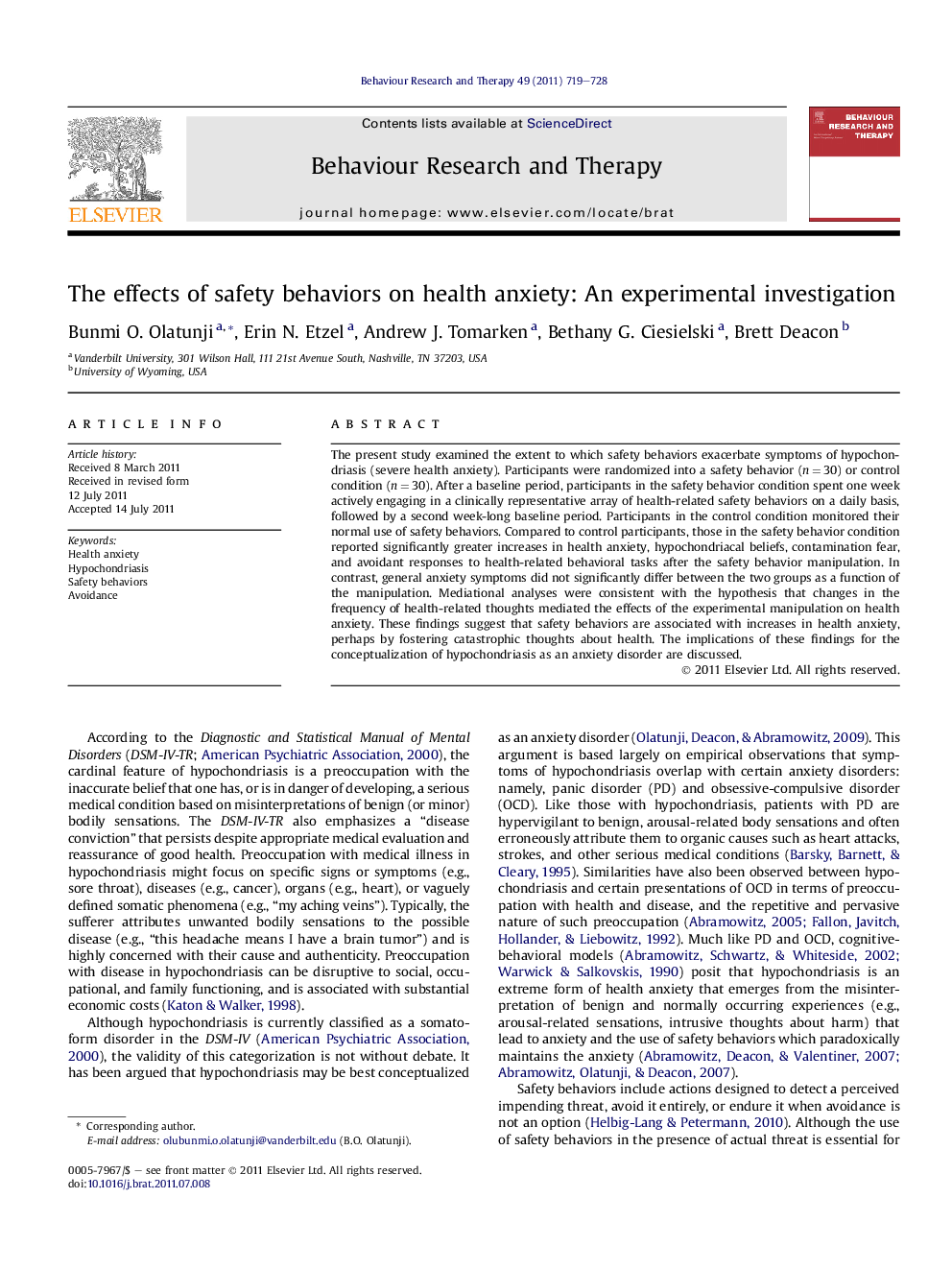 The effects of safety behaviors on health anxiety: An experimental investigation