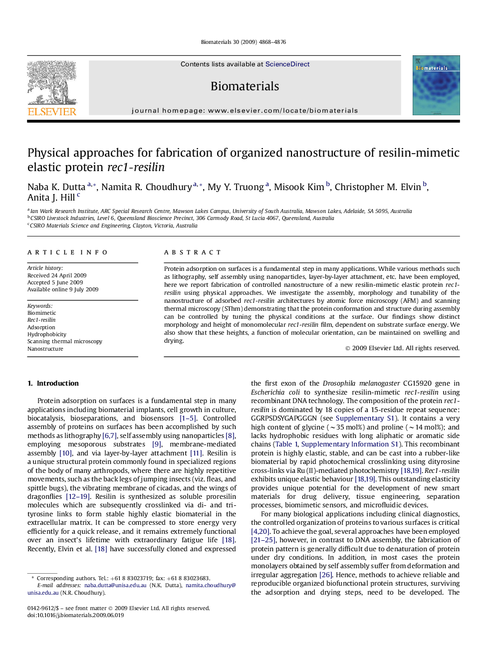 Physical approaches for fabrication of organized nanostructure of resilin-mimetic elastic protein rec1-resilin