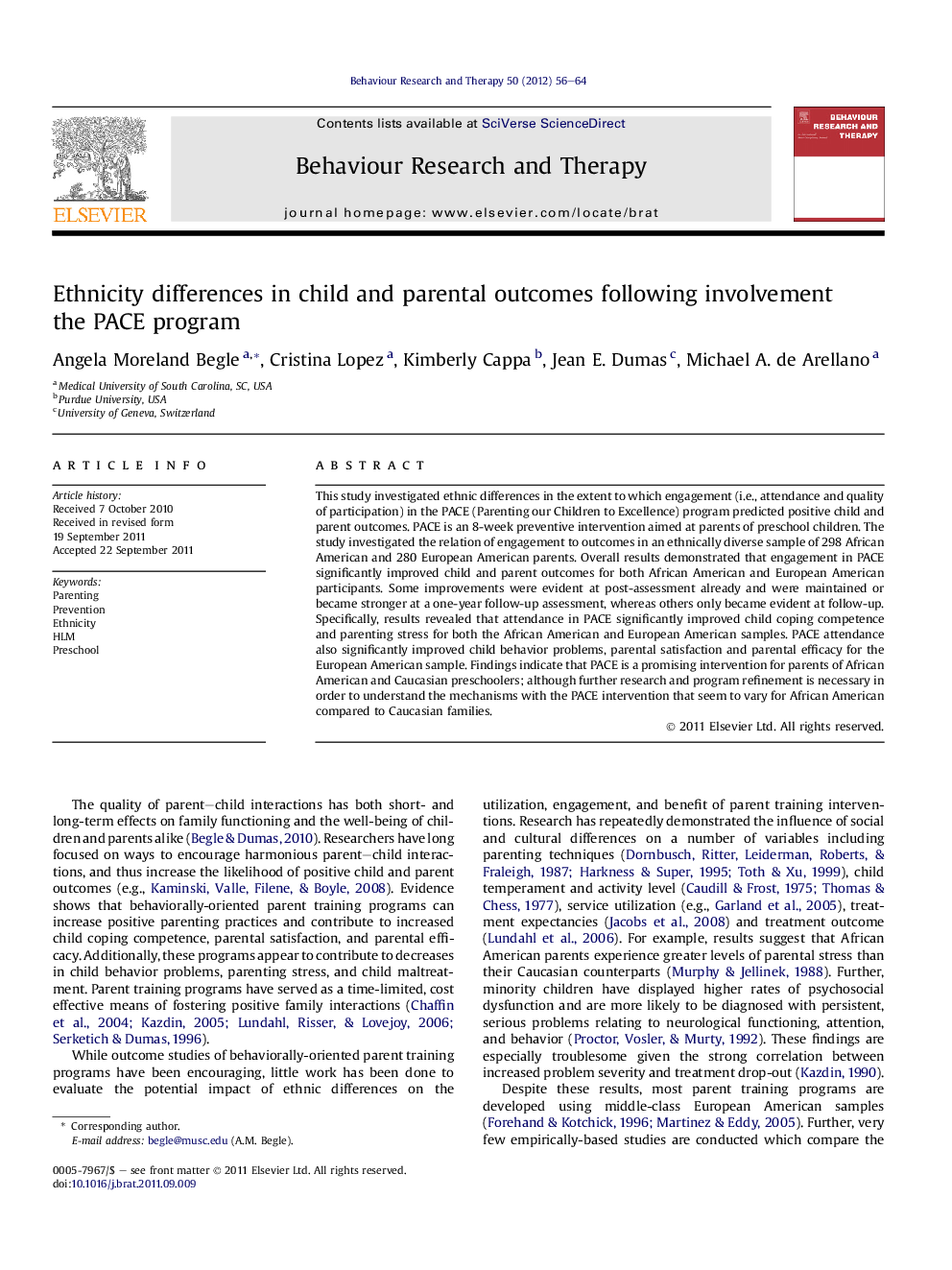 Ethnicity differences in child and parental outcomes following involvement the PACE program