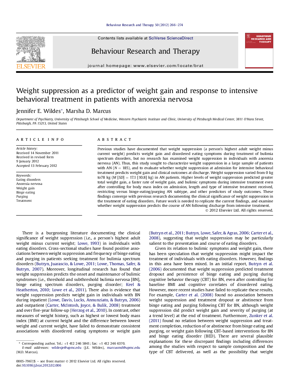 Weight suppression as a predictor of weight gain and response to intensive behavioral treatment in patients with anorexia nervosa