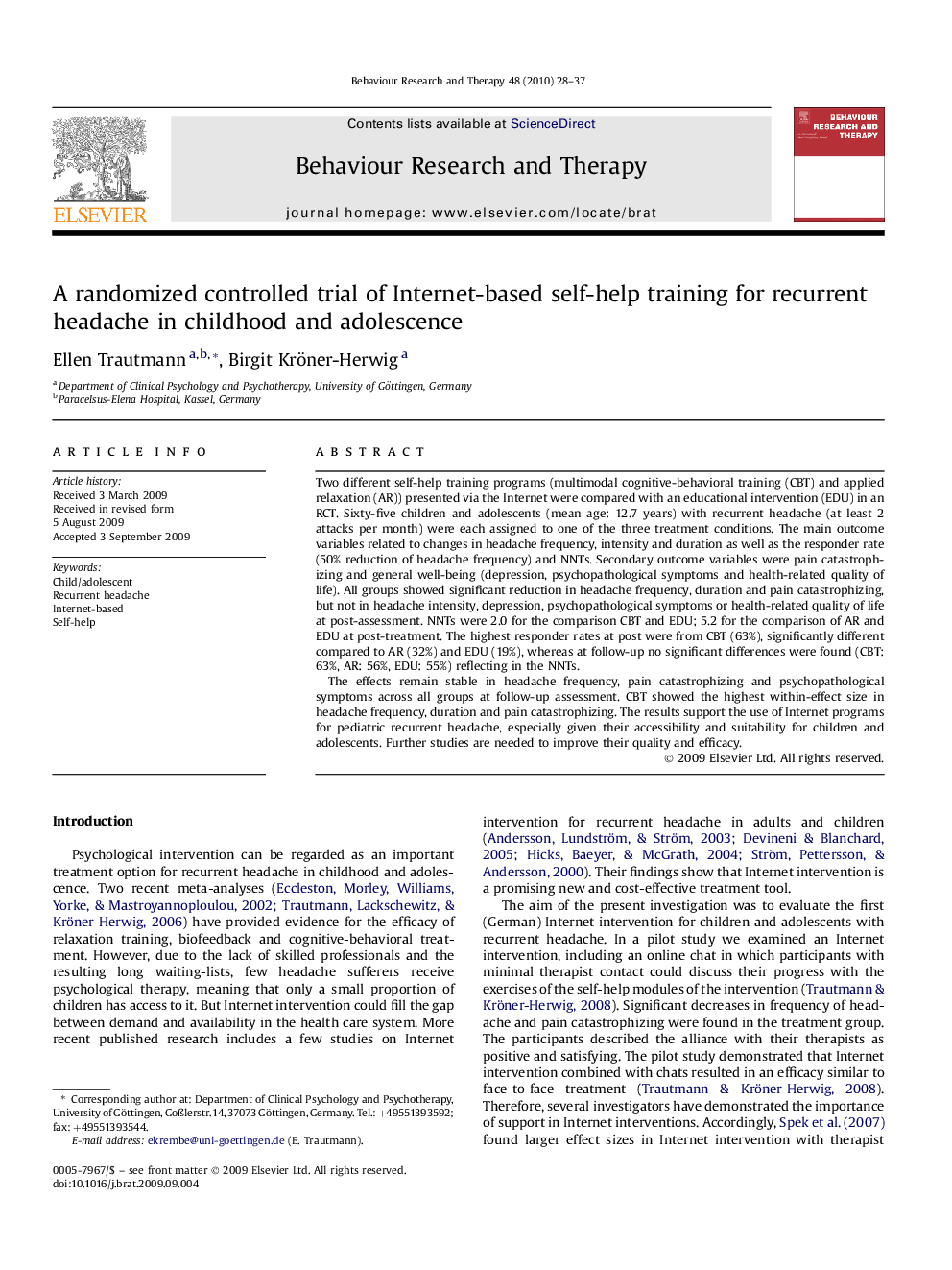 A randomized controlled trial of Internet-based self-help training for recurrent headache in childhood and adolescence