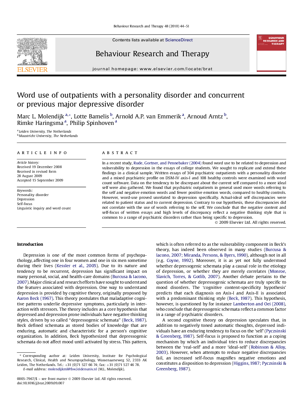 Word use of outpatients with a personality disorder and concurrent or previous major depressive disorder