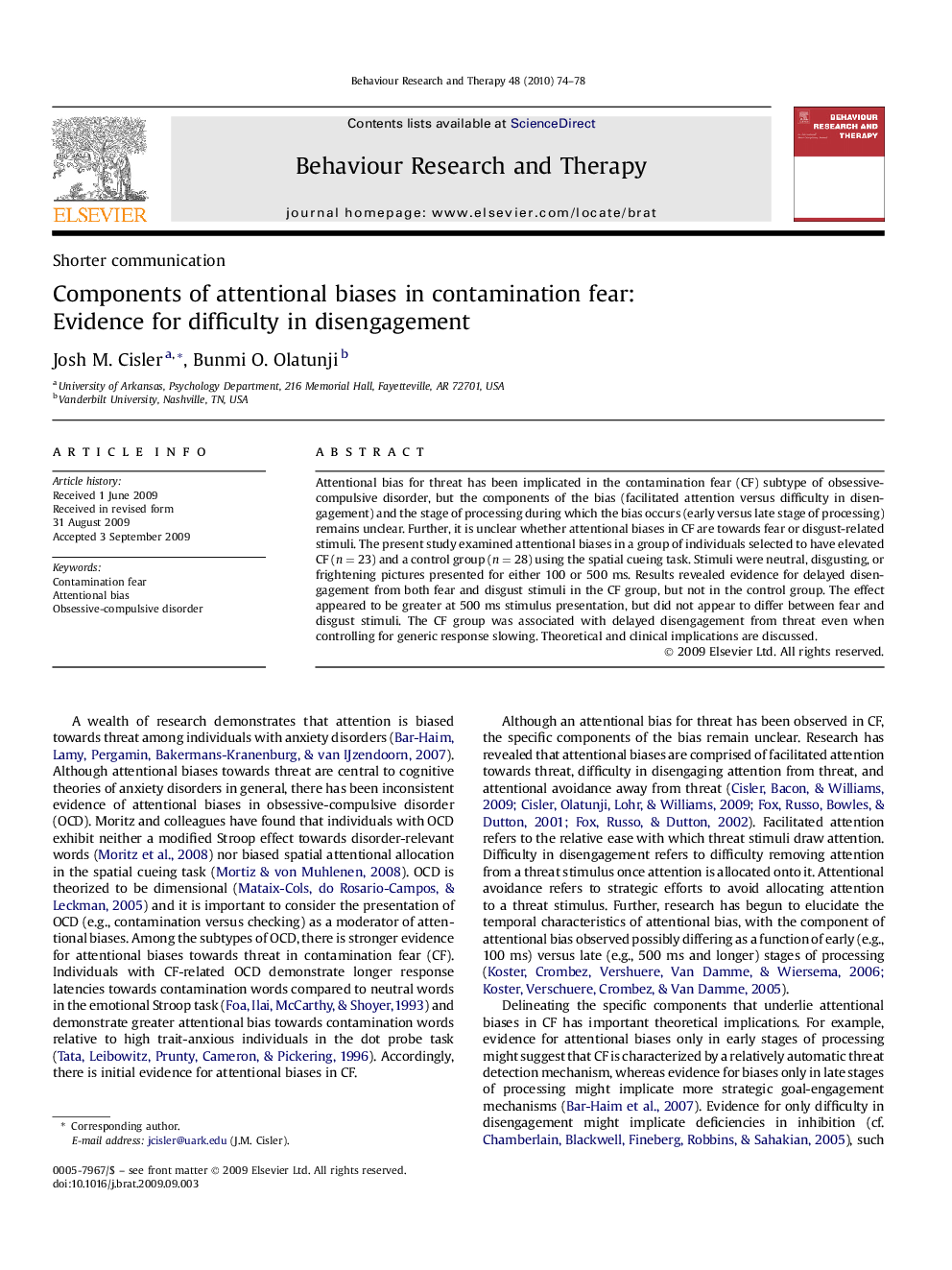 Components of attentional biases in contamination fear: Evidence for difficulty in disengagement