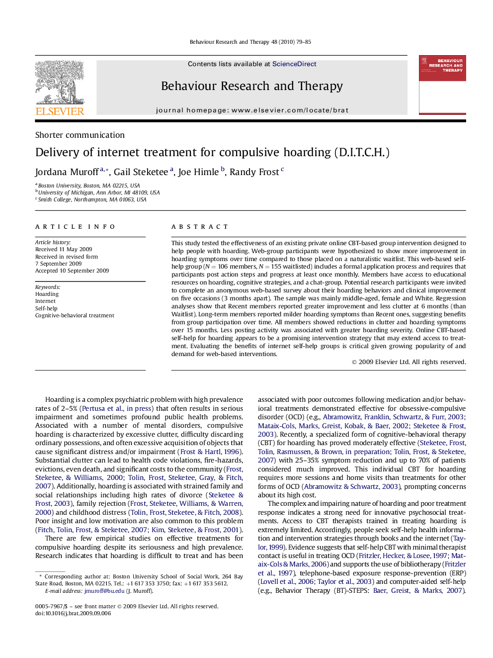 Delivery of internet treatment for compulsive hoarding (D.I.T.C.H.)