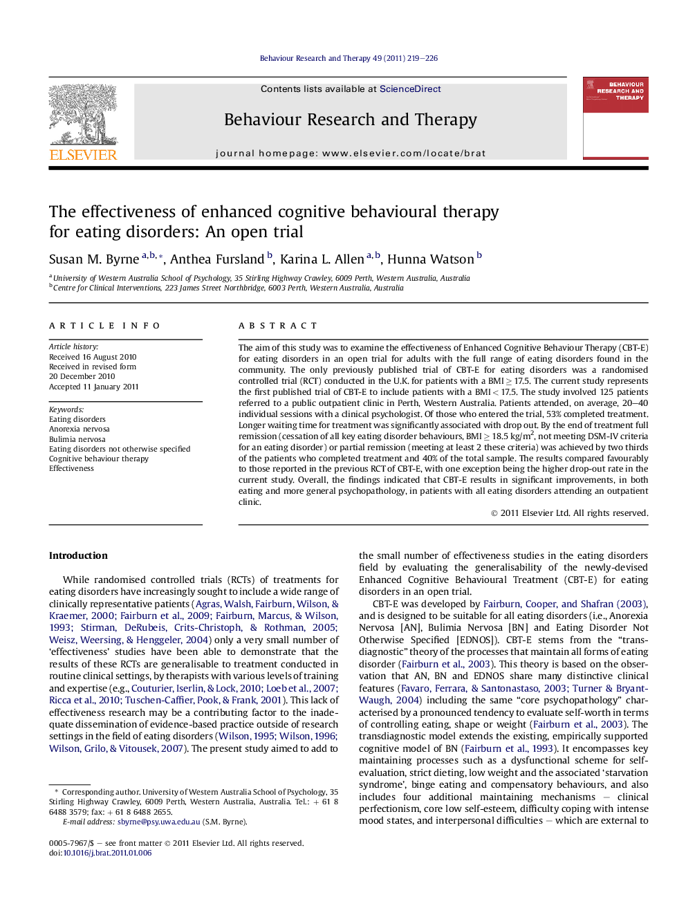 The effectiveness of enhanced cognitive behavioural therapy for eating disorders: An open trial