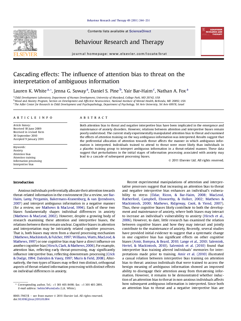 Cascading effects: The influence of attention bias to threat on the interpretation of ambiguous information