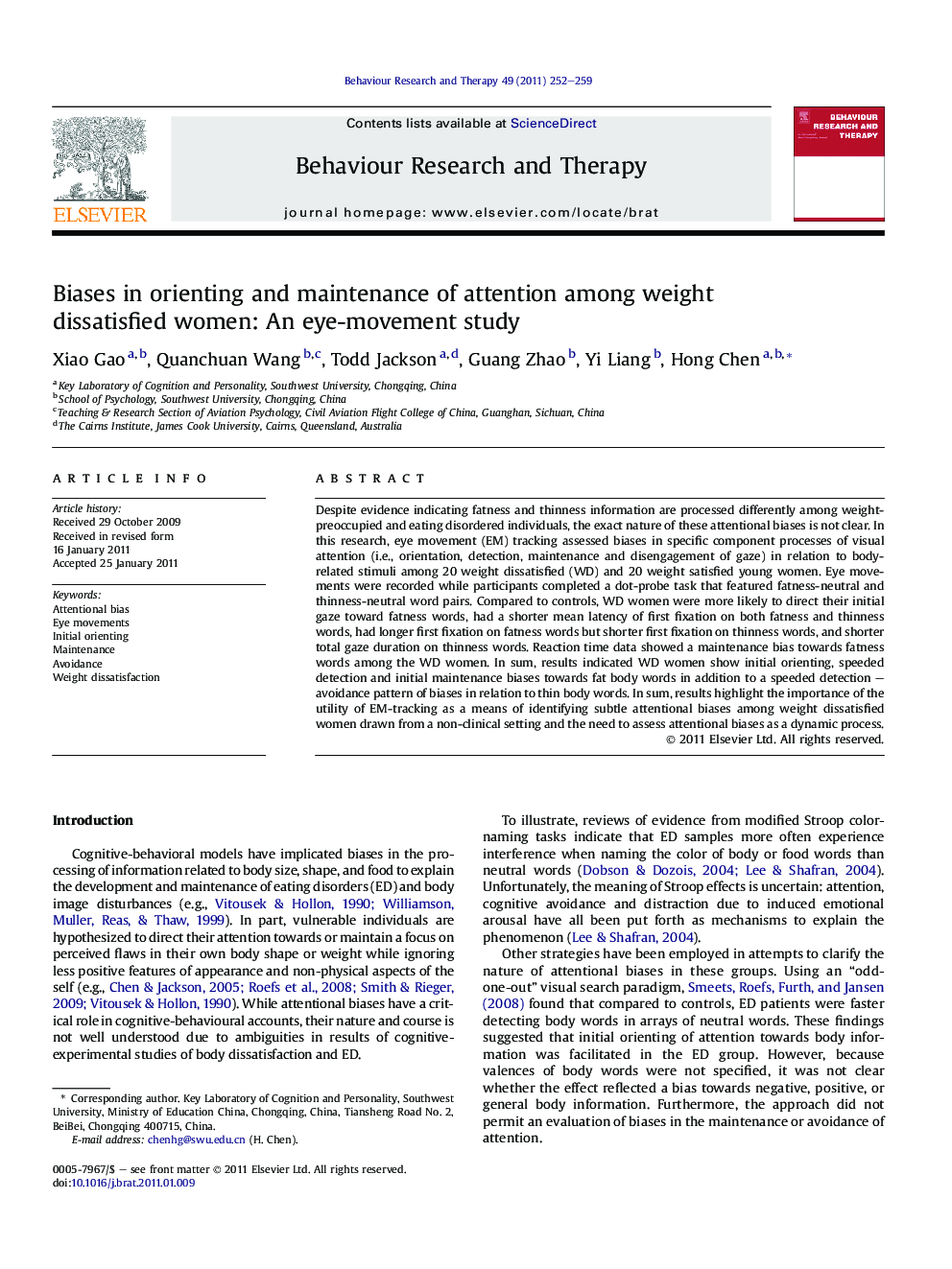 Biases in orienting and maintenance of attention among weight dissatisfied women: An eye-movement study