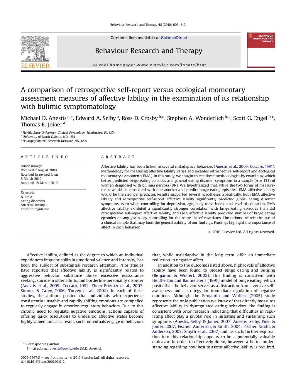 A comparison of retrospective self-report versus ecological momentary assessment measures of affective lability in the examination of its relationship with bulimic symptomatology