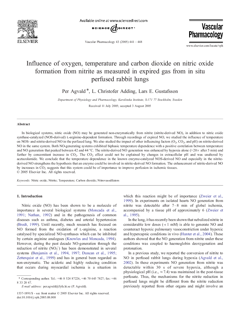 Influence of oxygen, temperature and carbon dioxide on nitric oxide formation from nitrite as measured in expired gas from in situ perfused rabbit lungs