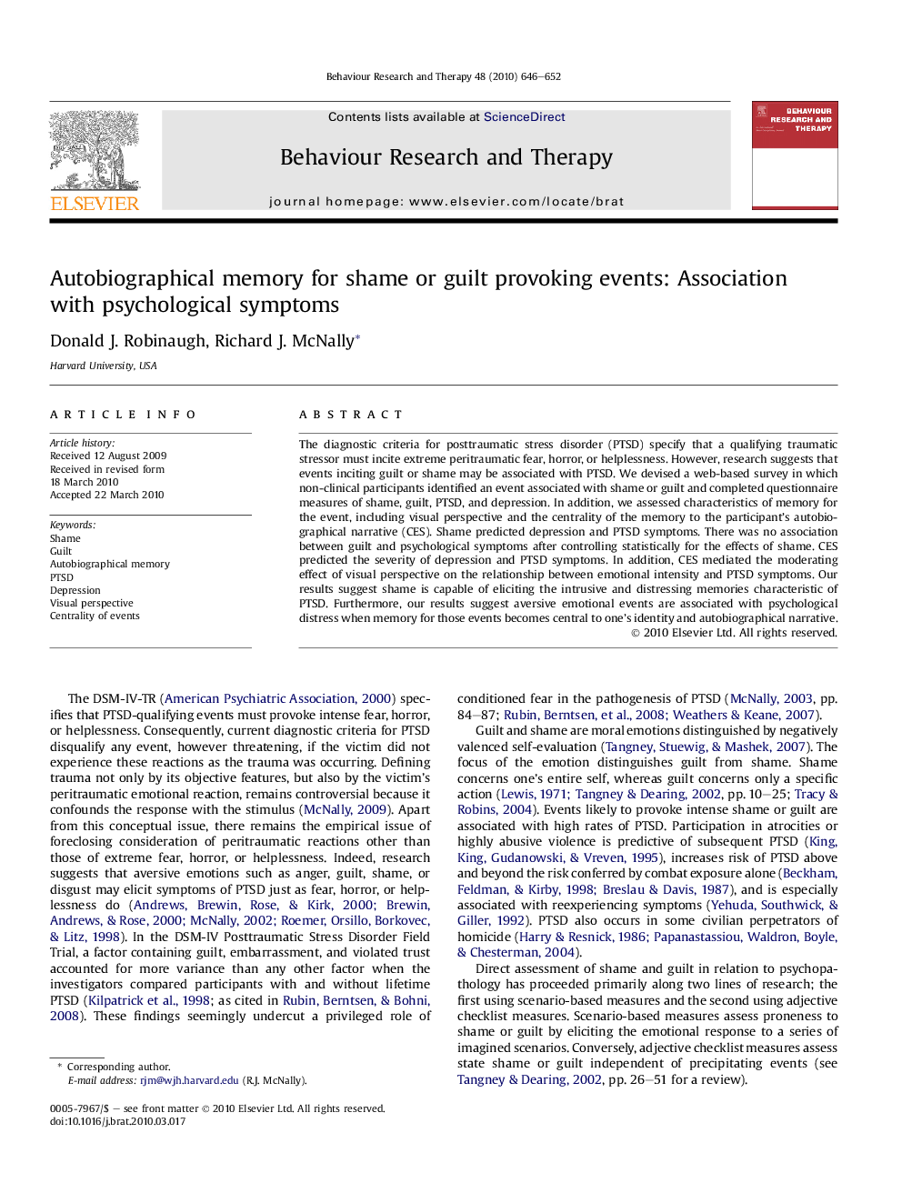 Autobiographical memory for shame or guilt provoking events: Association with psychological symptoms