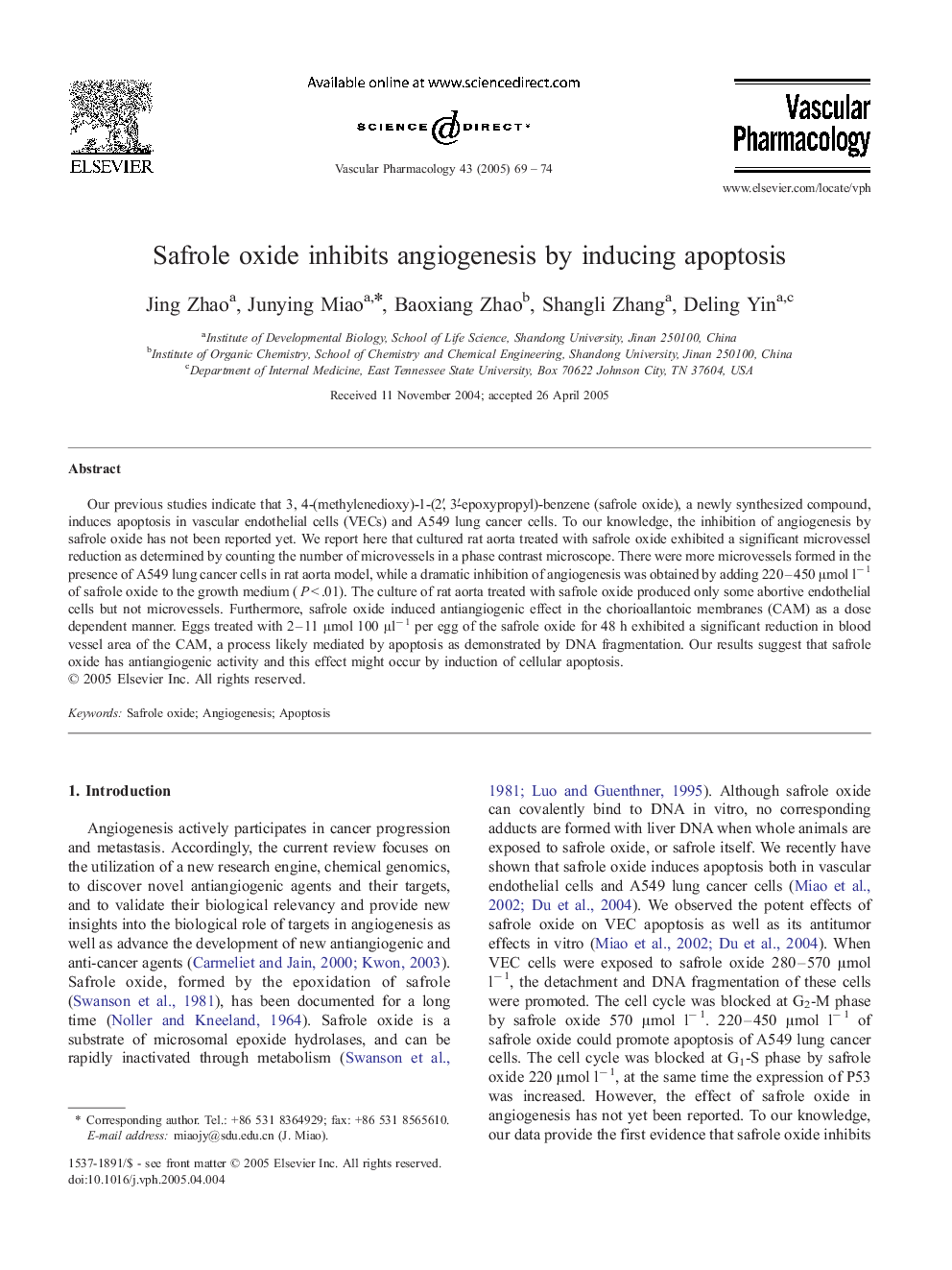 Safrole oxide inhibits angiogenesis by inducing apoptosis