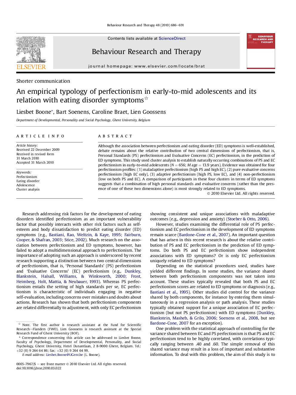 An empirical typology of perfectionism in early-to-mid adolescents and its relation with eating disorder symptoms 