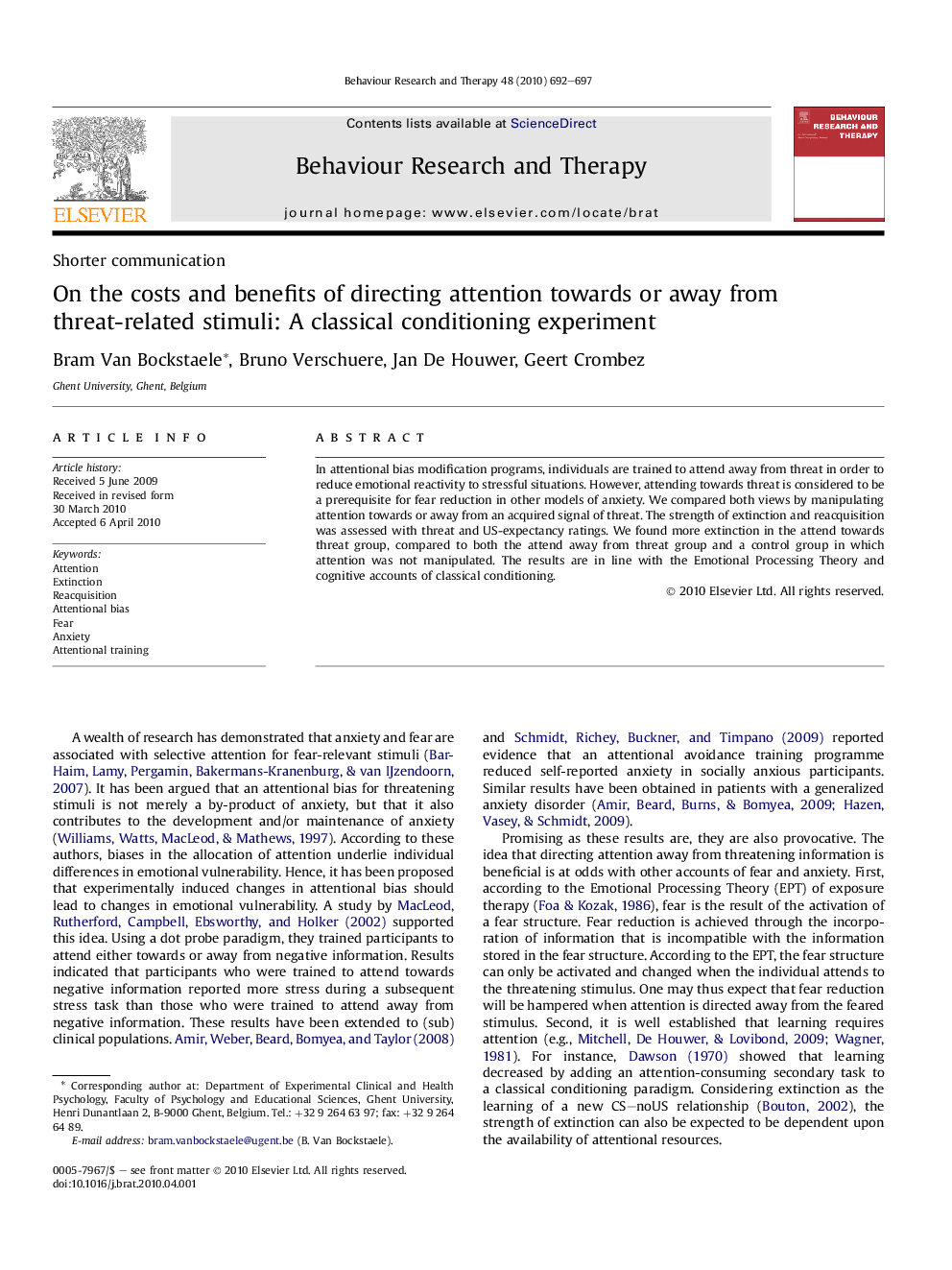 On the costs and benefits of directing attention towards or away from threat-related stimuli: A classical conditioning experiment