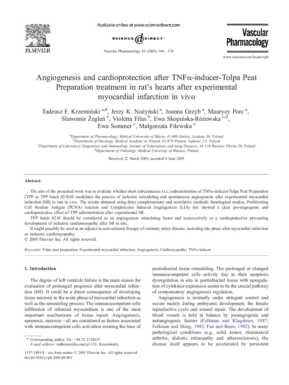 Angiogenesis and cardioprotection after TNFÎ±-inducer-Tolpa Peat Preparation treatment in rat's hearts after experimental myocardial infarction in vivo