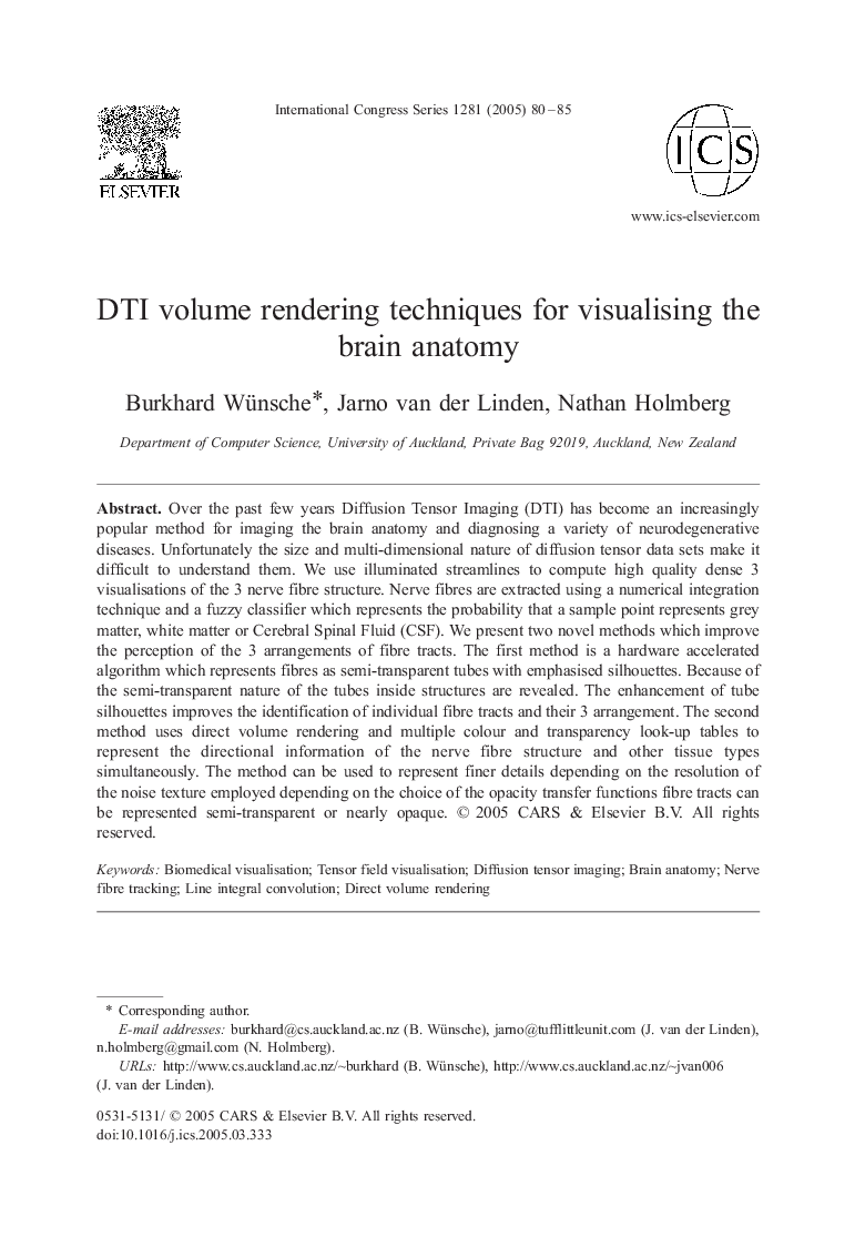 DTI volume rendering techniques for visualising the brain anatomy