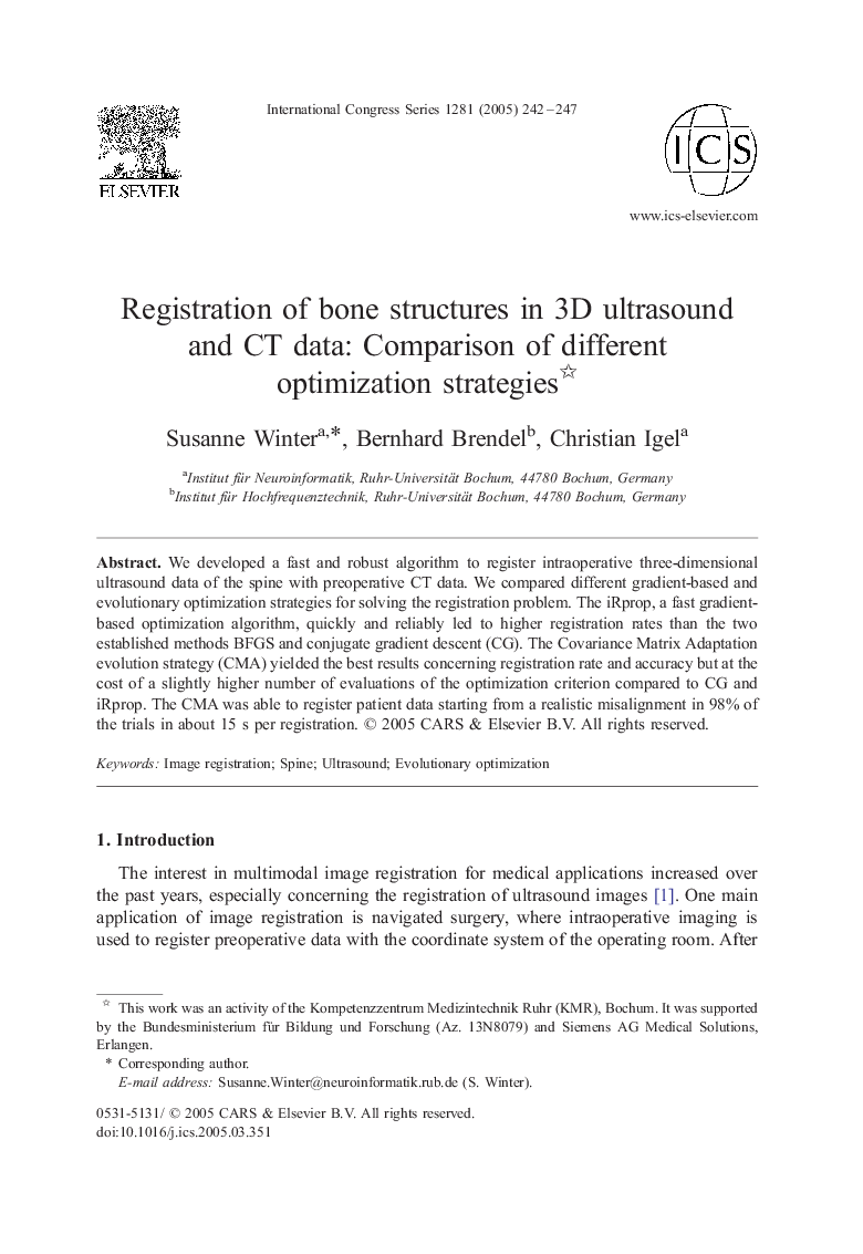 Registration of bone structures in 3D ultrasound and CT data: Comparison of different optimization strategies