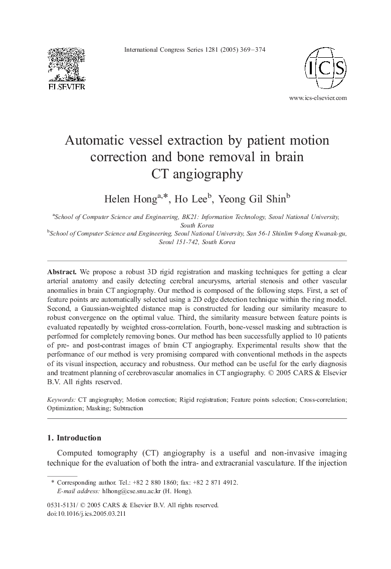 Automatic vessel extraction by patient motion correction and bone removal in brain CT angiography