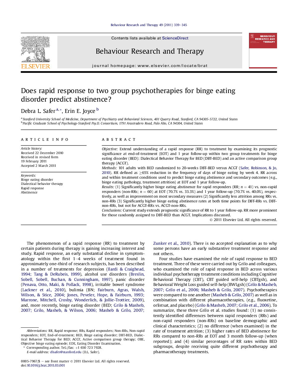 Does rapid response to two group psychotherapies for binge eating disorder predict abstinence?