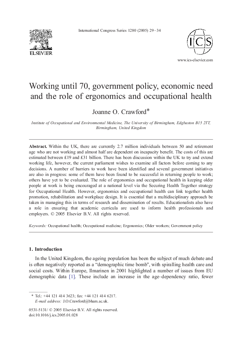 Working until 70, government policy, economic need and the role of ergonomics and occupational health