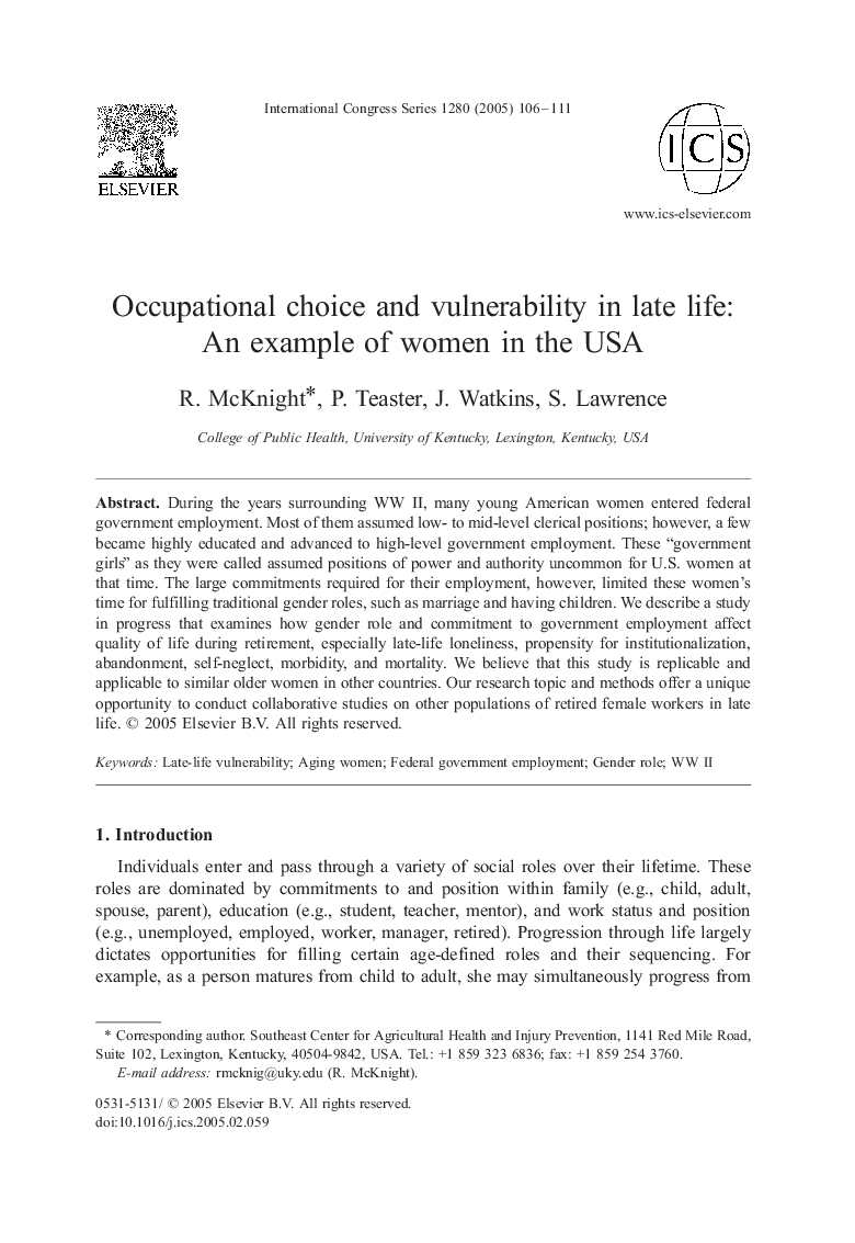 Occupational choice and vulnerability in late life: An example of women in the USA