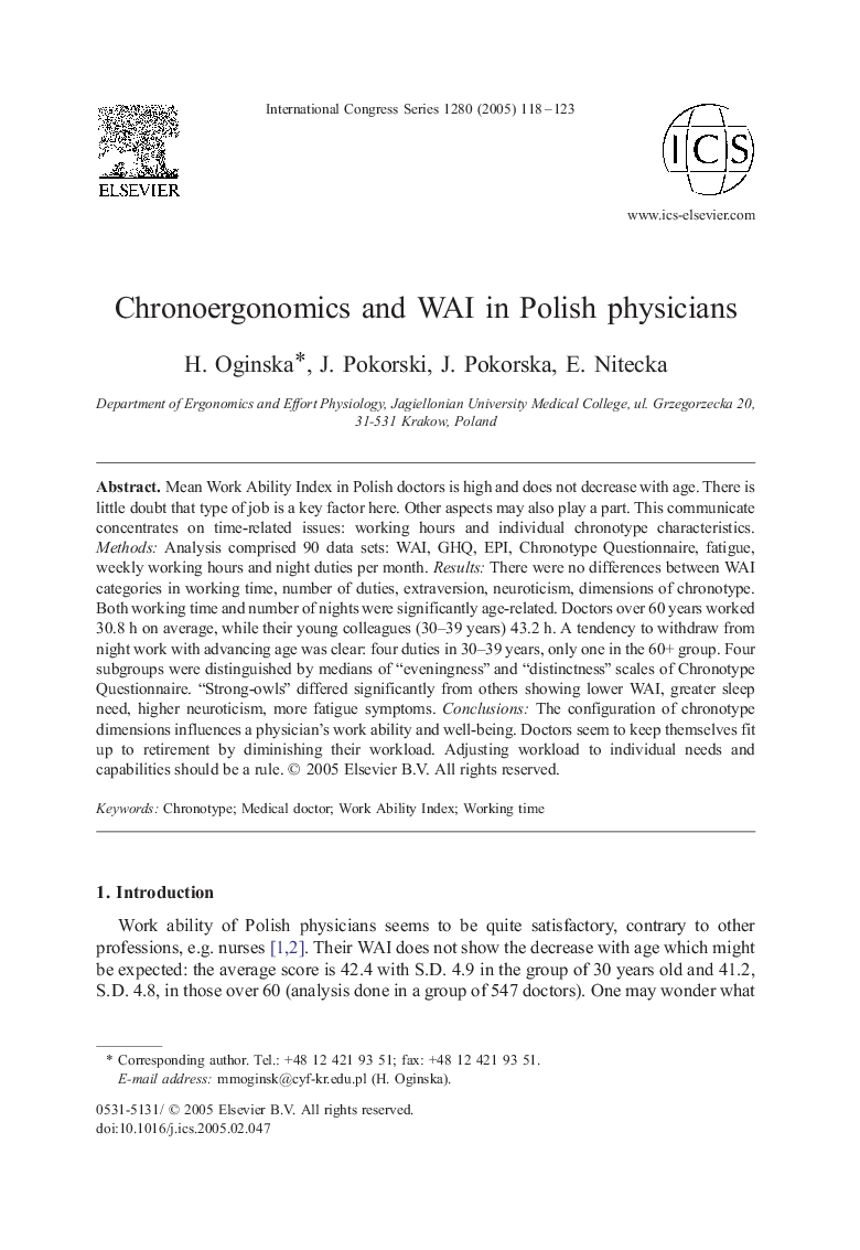 Chronoergonomics and WAI in Polish physicians