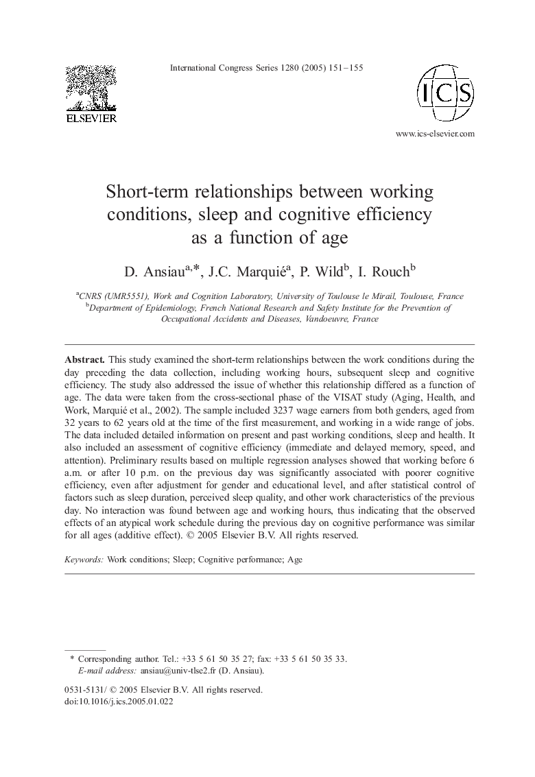 Short-term relationships between working conditions, sleep and cognitive efficiency as a function of age