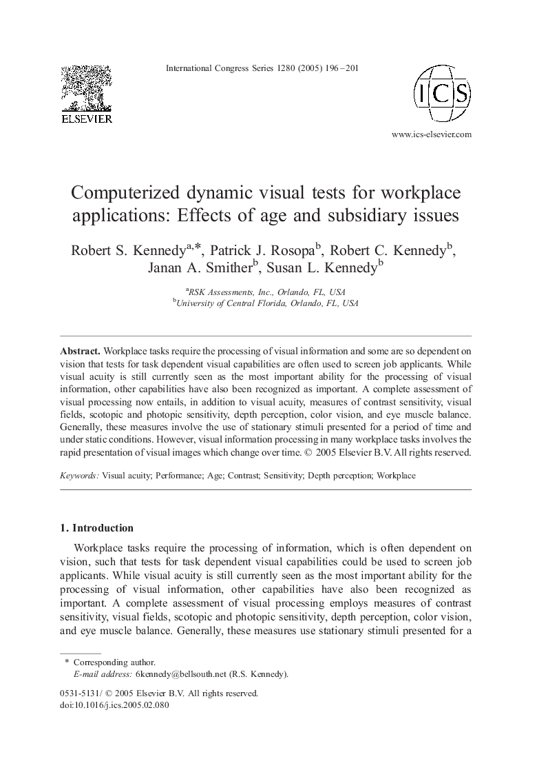 Computerized dynamic visual tests for workplace applications: Effects of age and subsidiary issues