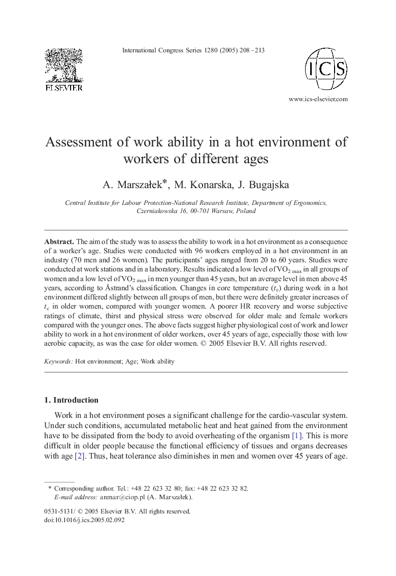 Assessment of work ability in a hot environment of workers of different ages