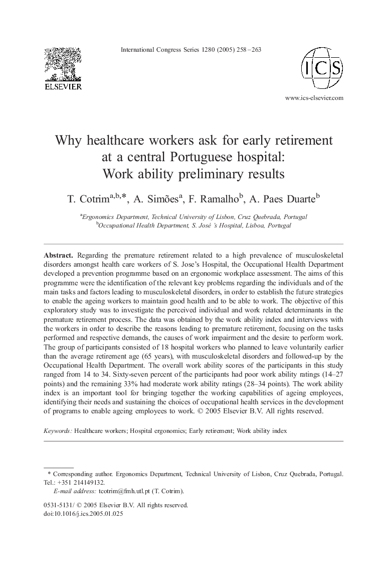 Why healthcare workers ask for early retirement at a central Portuguese hospital: Work ability preliminary results