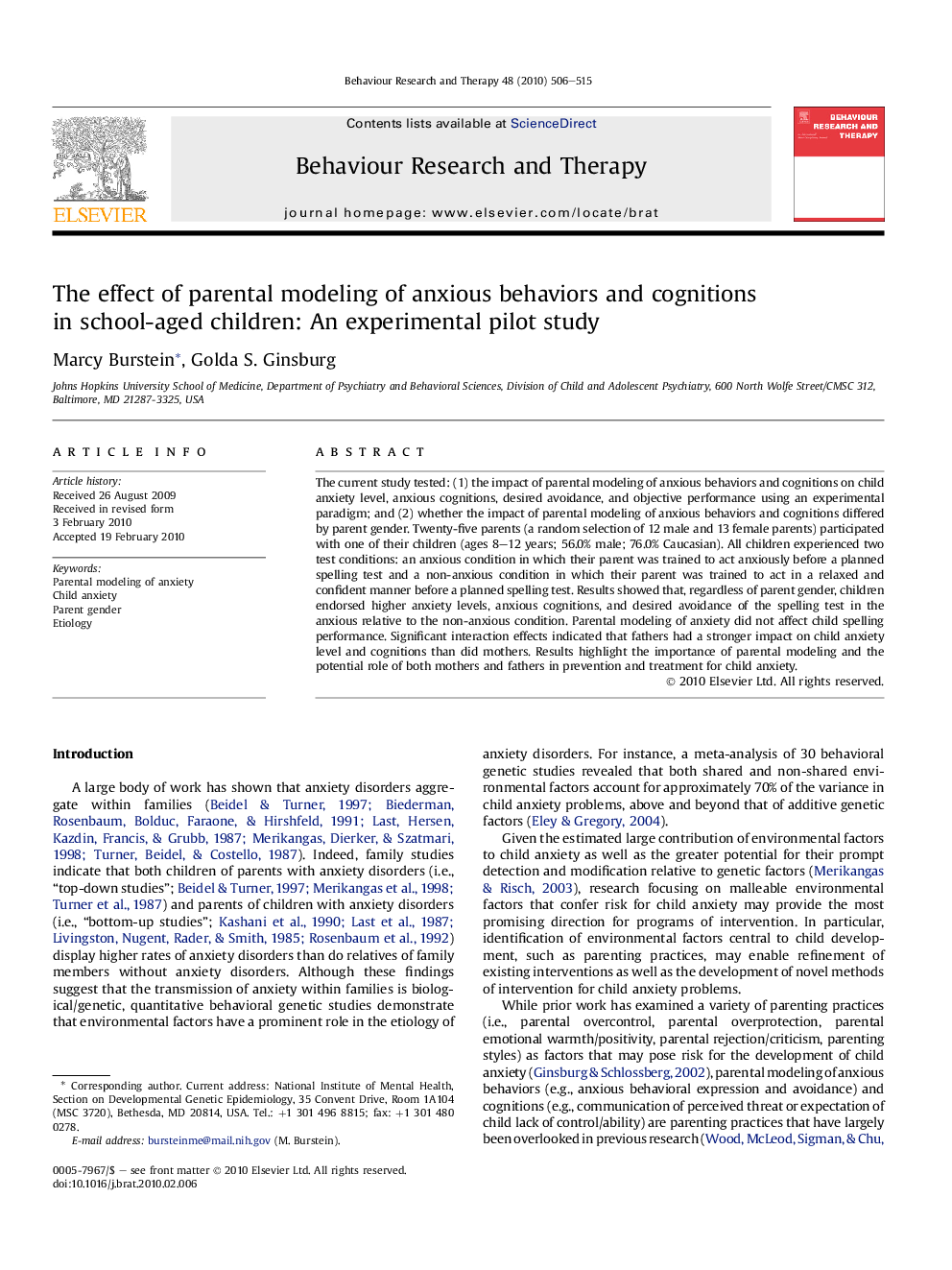 The effect of parental modeling of anxious behaviors and cognitions in school-aged children: An experimental pilot study