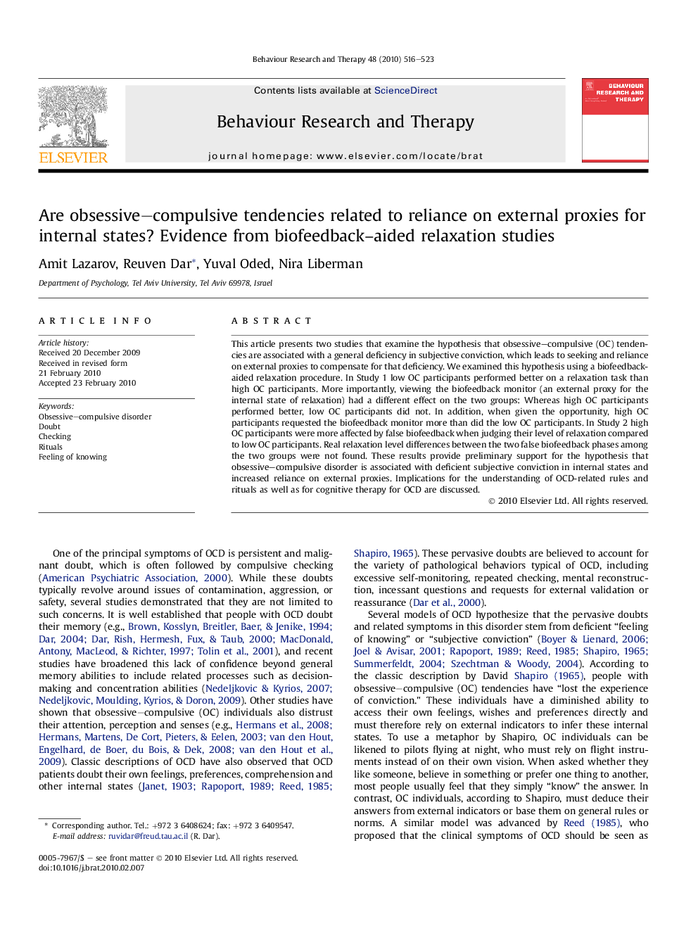 Are obsessive–compulsive tendencies related to reliance on external proxies for internal states? Evidence from biofeedback-aided relaxation studies