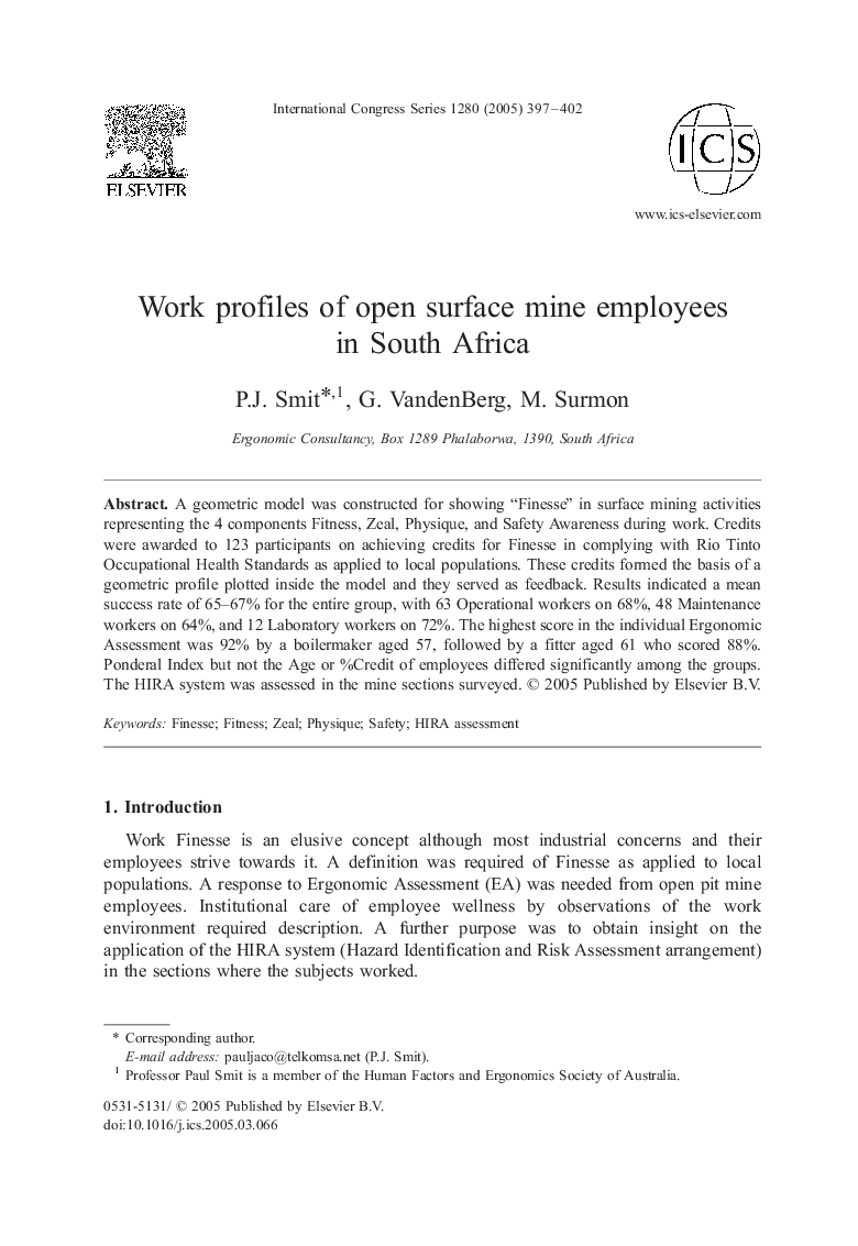عکس صفحه اول مقاله: Work profiles of open surface mine employees in South Africa Work profiles of open surface mine employees in South Africa