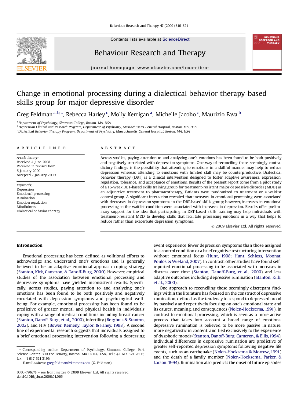 Change in emotional processing during a dialectical behavior therapy-based skills group for major depressive disorder