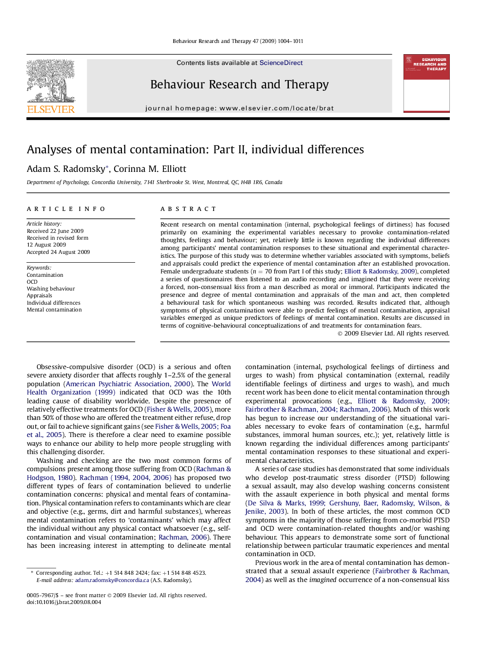 Analyses of mental contamination: Part II, individual differences