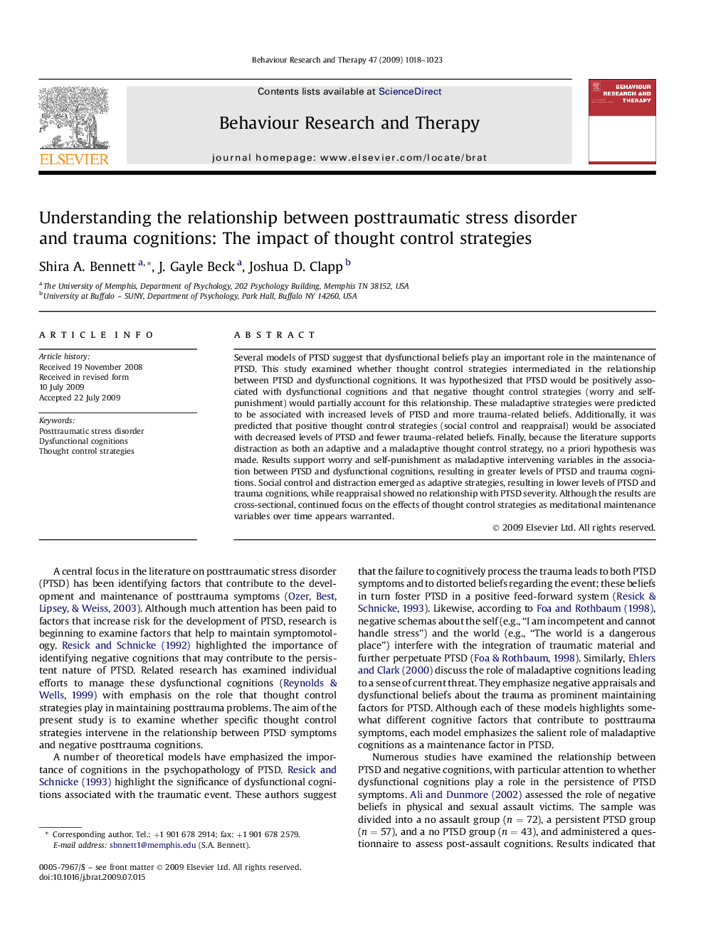 Understanding the relationship between posttraumatic stress disorder and trauma cognitions: The impact of thought control strategies