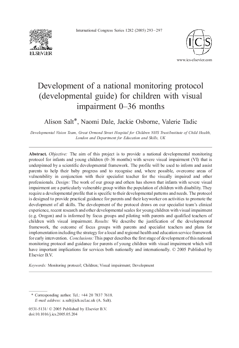 Development of a national monitoring protocol (developmental guide) for children with visual impairment 0-36 months