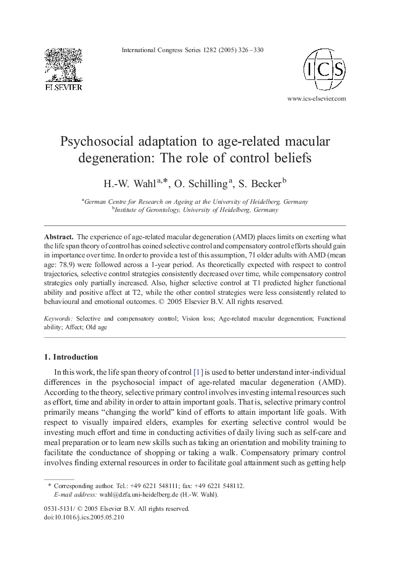 Psychosocial adaptation to age-related macular degeneration: The role of control beliefs