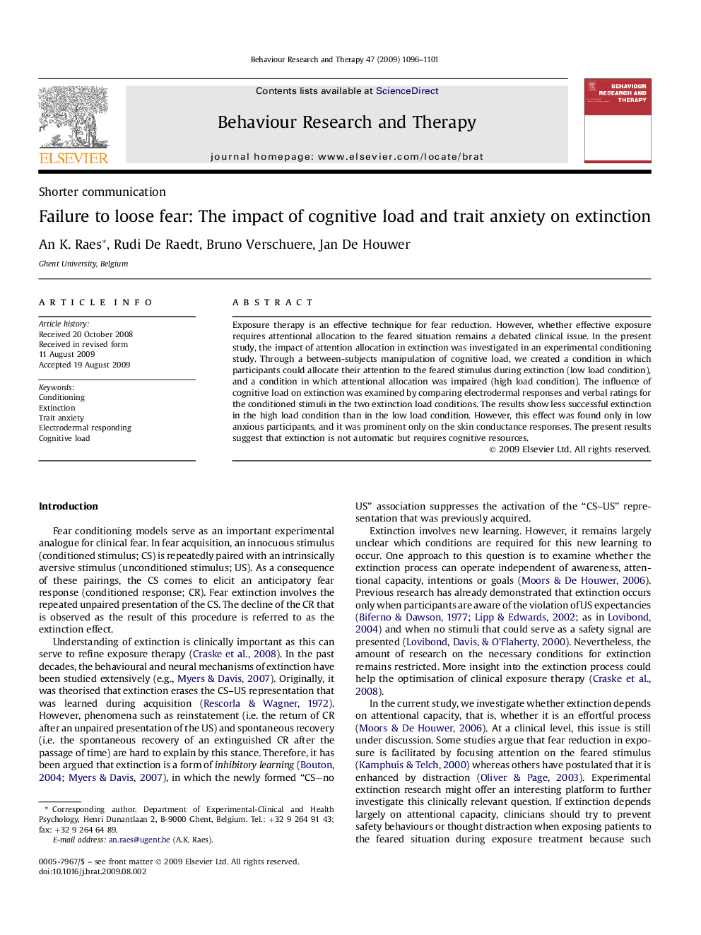 Failure to loose fear: The impact of cognitive load and trait anxiety on extinction